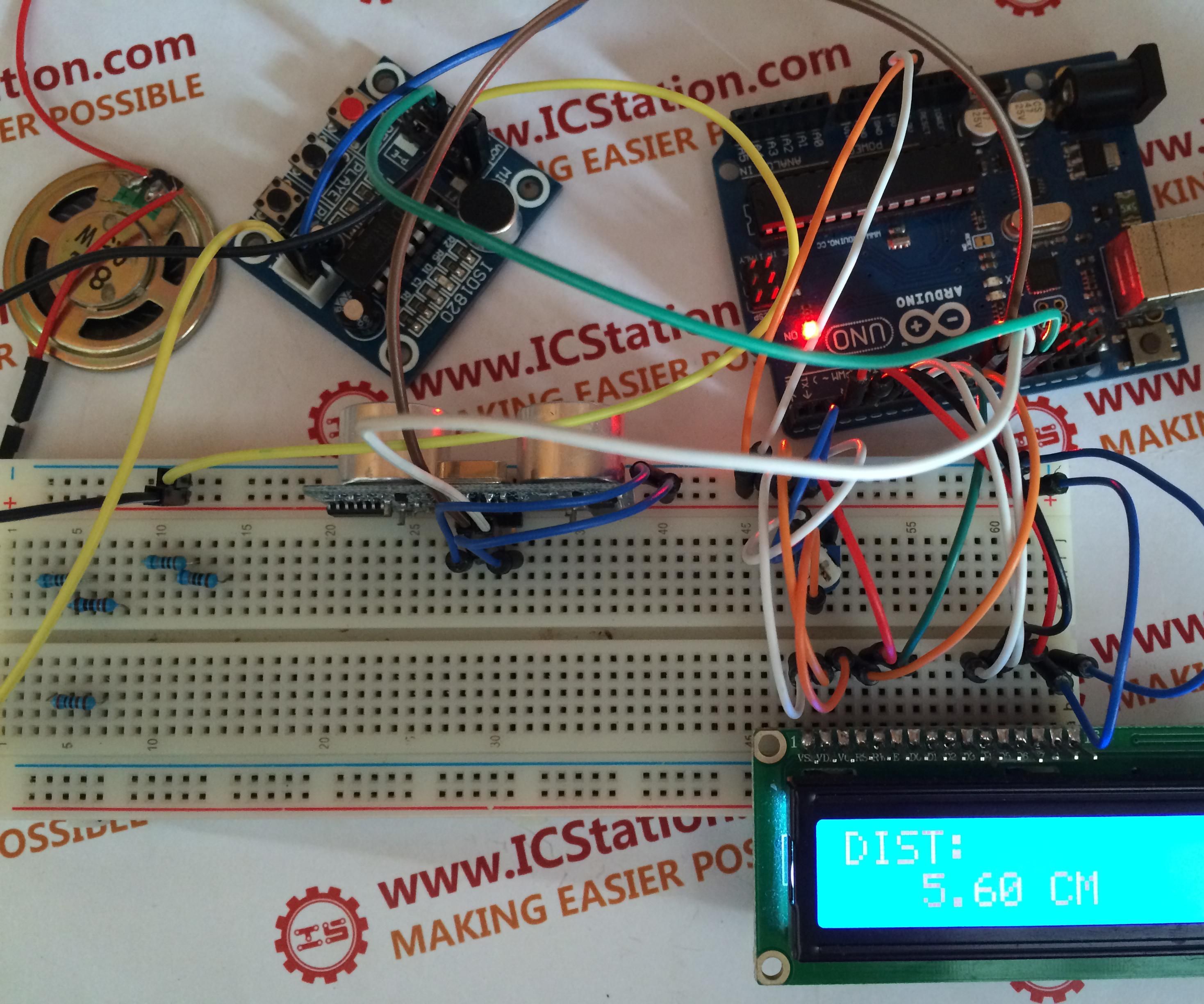 Ultrasonic Distance Display ISD1820 Voice Alarm System With Arduino