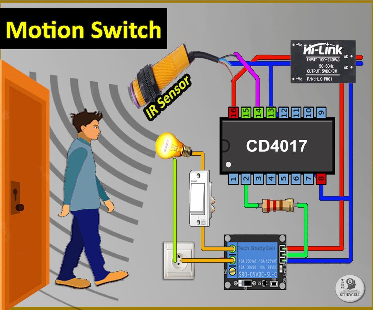 Motion Sensor Switch Using IR Proximity Sensor | CD4017 IC Projects