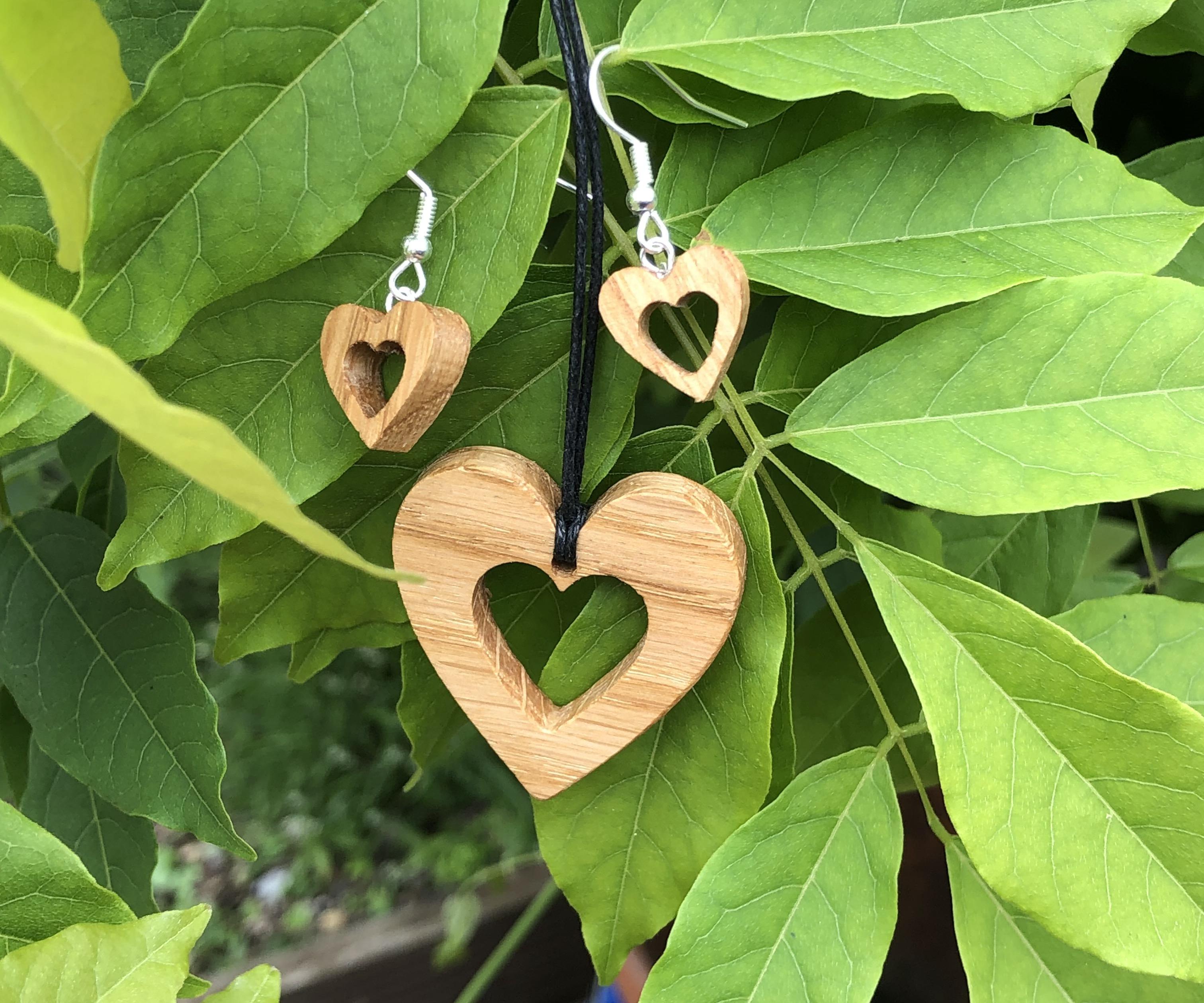 Heart Shaped Oak Necklace and Earings.