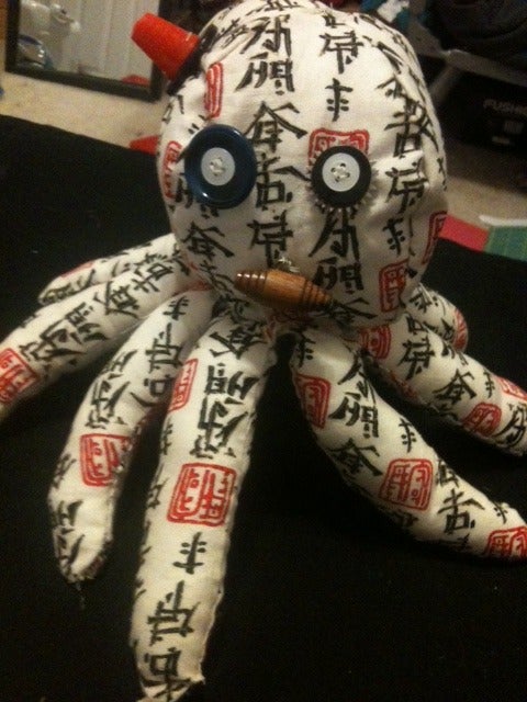 Japanese Print Stuffed Octopus. With a Thimble for a Hat!