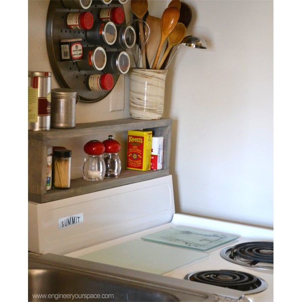 DIY Shelf Above the Stove = Extra Storage in a Small Kitchen