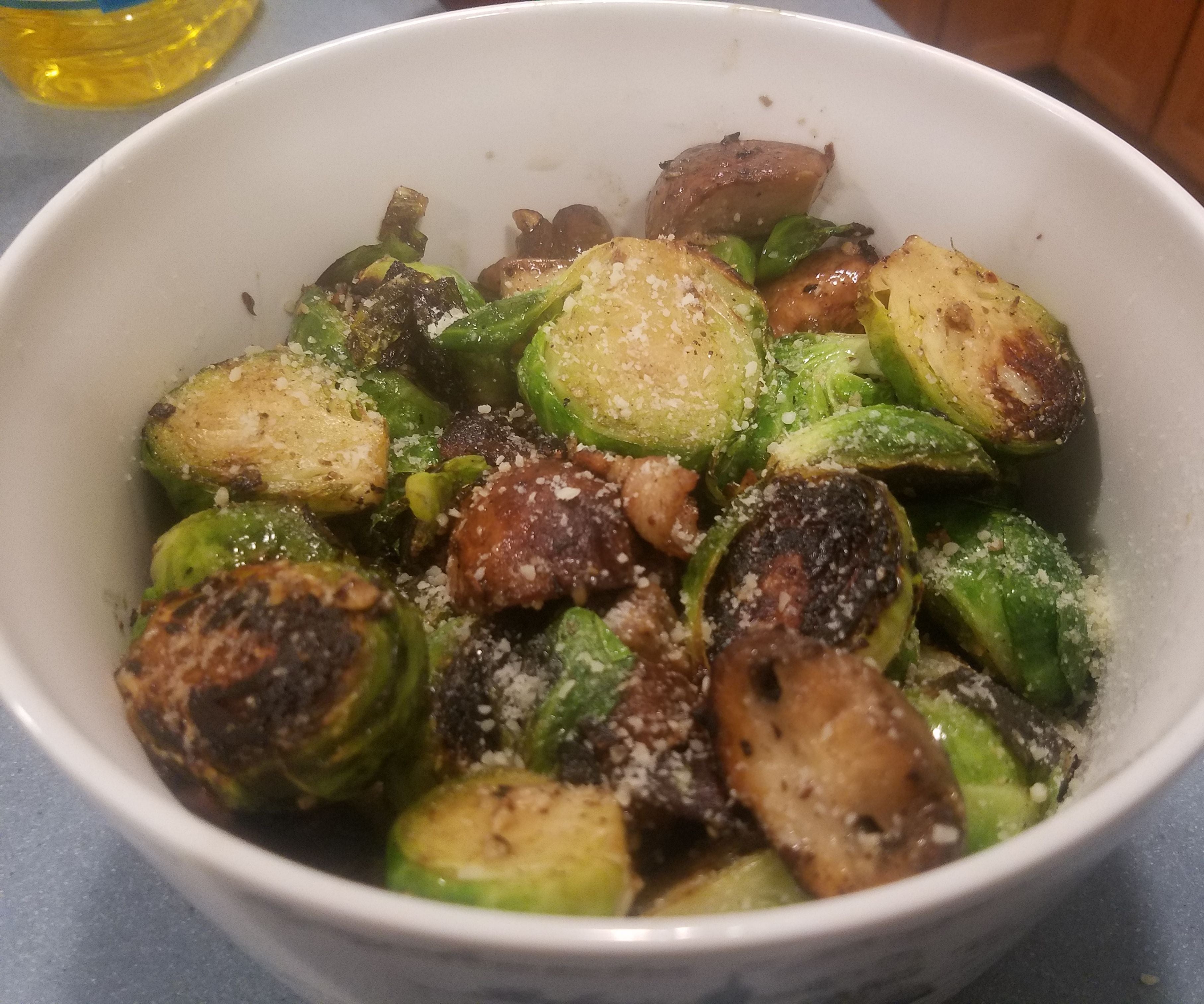 Pan Seared Brussel Sprouts & Mushrooms