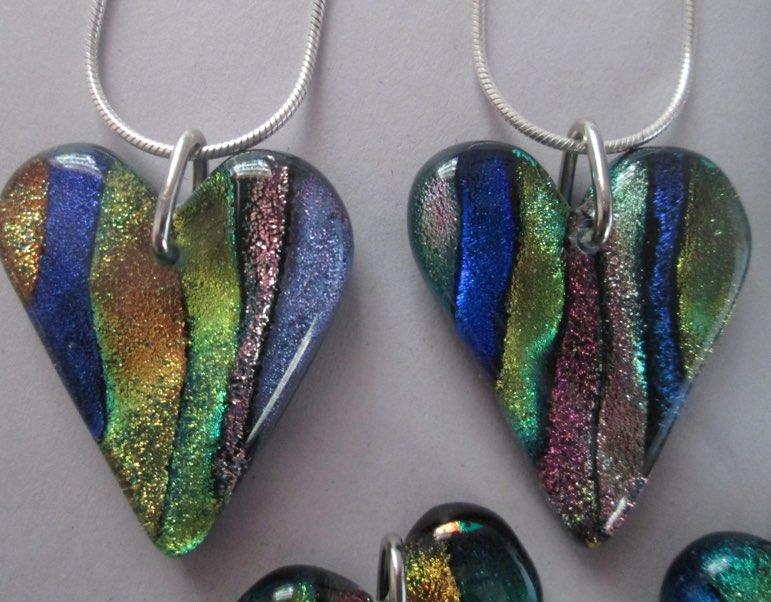 Fused Glass "Wavy" Dichroic Heart Pendants