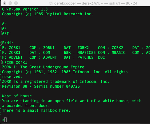 68k-mbc Playing Zork1, Zork2, Zork3 and Other 8080 Com Files