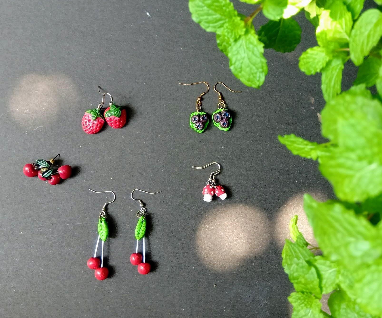 Epoxy Compound Cherry, Strawberry, Blueberry, Tiny Mushroom Earrings #Kids Special