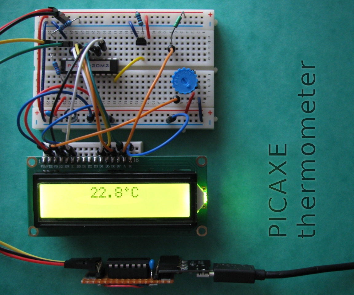 PICAXE Thermometer Prototype With DS18B20 Sensor and LCD Display