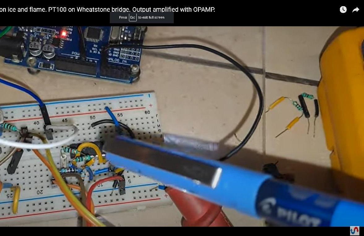 PT100 Based Temperature Measurement Thermometer Using Arduino Uno. PT100 Temperature Sensor on Ice and Flame. PT100 on Wheatstone Bridge.