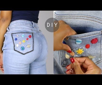 DIY Space Embroidered Denim Jeans Pocket