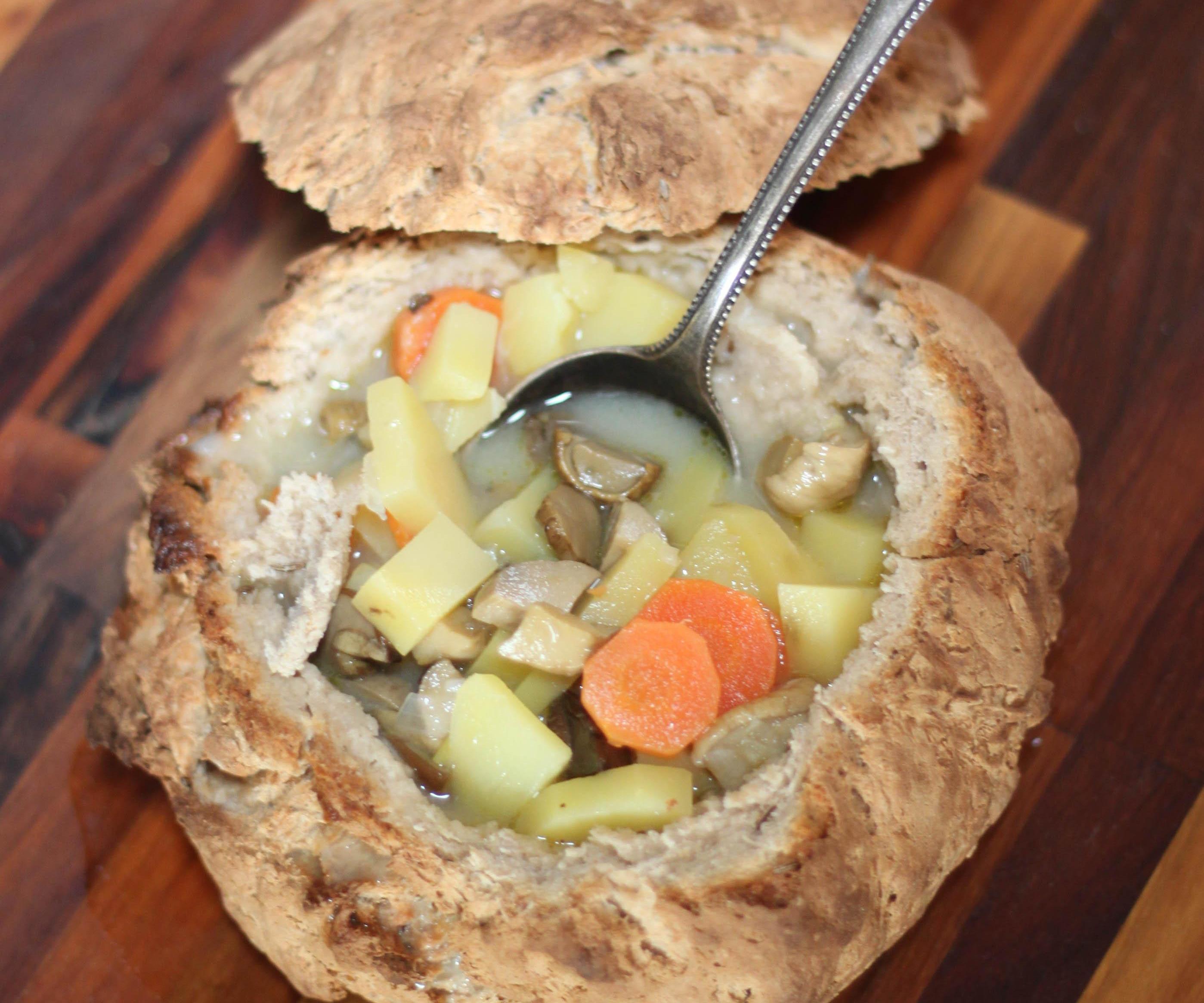 Potato-Mushroom Soup in Bread (Bread Recipe Included)