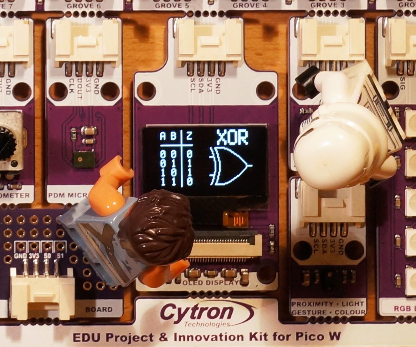 Logic Gate Analyser With Cytron EDU PICO or Adafruit CLUE Demonstrated With MH-EDU-Electronics LogicBoard and Kitronik Inventor's Kit