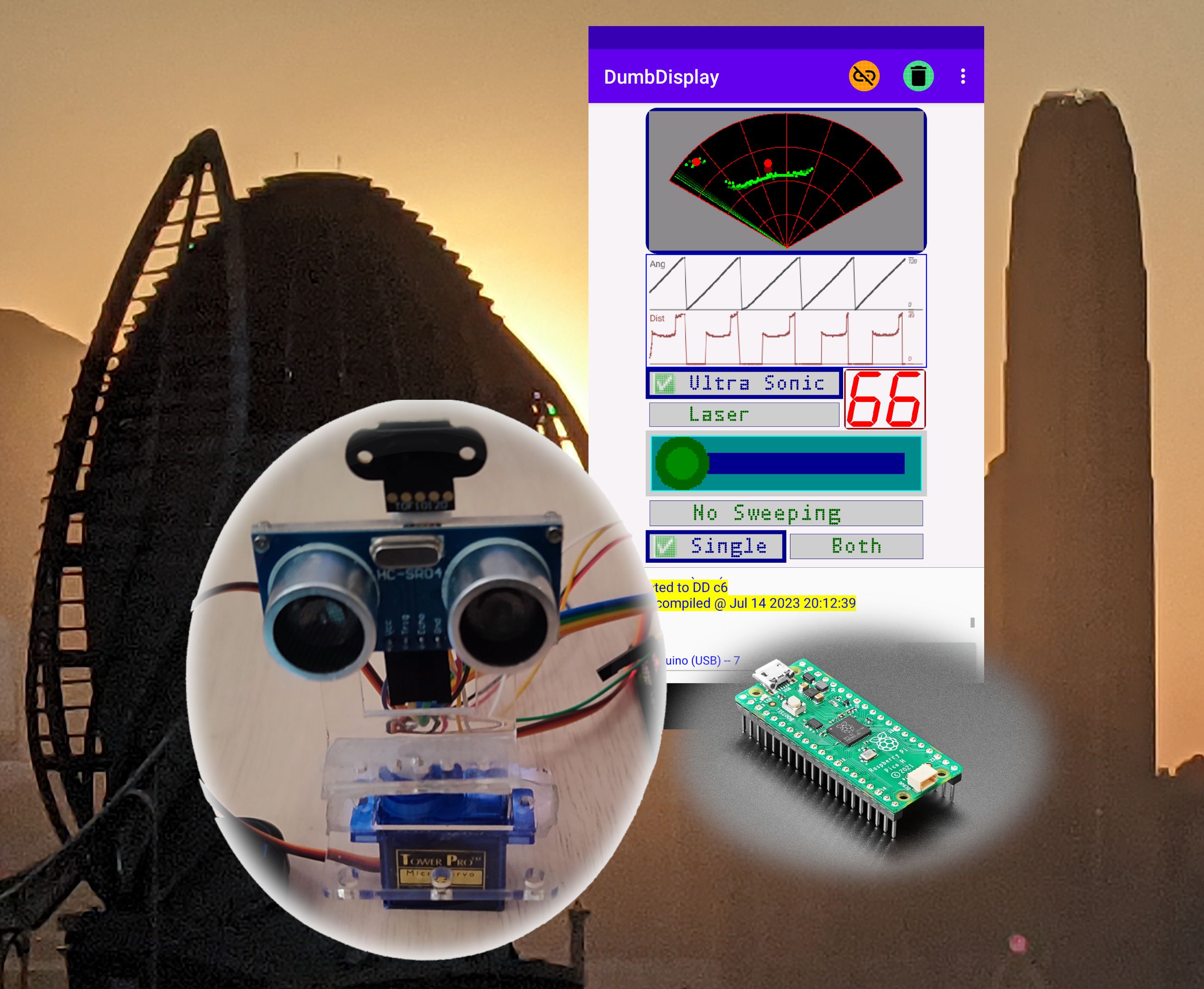Arduino Experiment of Ultrasonic Sensor, ToF Laser Range Sensor and Servo Motor, With Raspberry Pi Pico and DumbDisplay