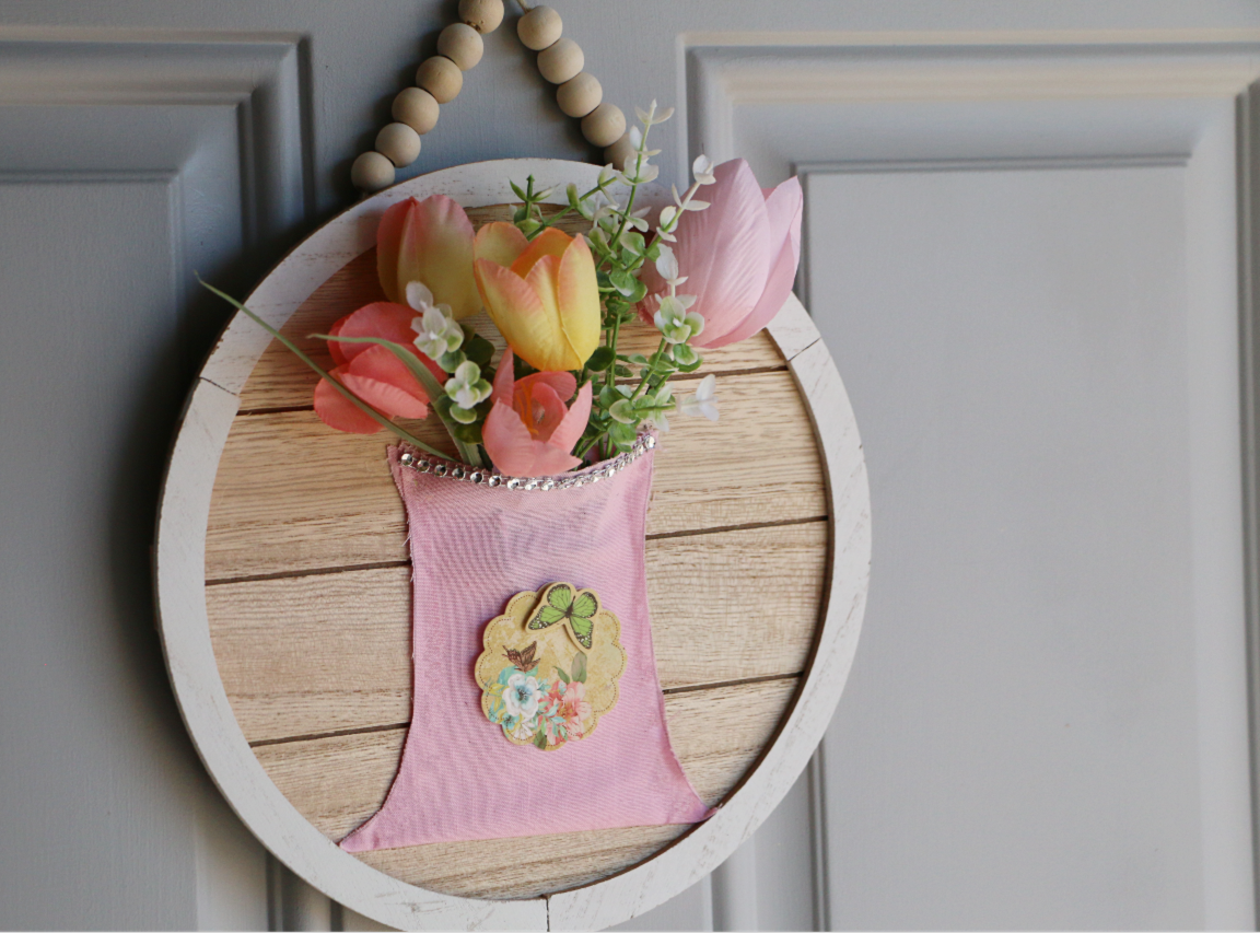 ROUND WOODEN HANGING FLORAL DECORATION USING DOLLAR TREE MATERIALS