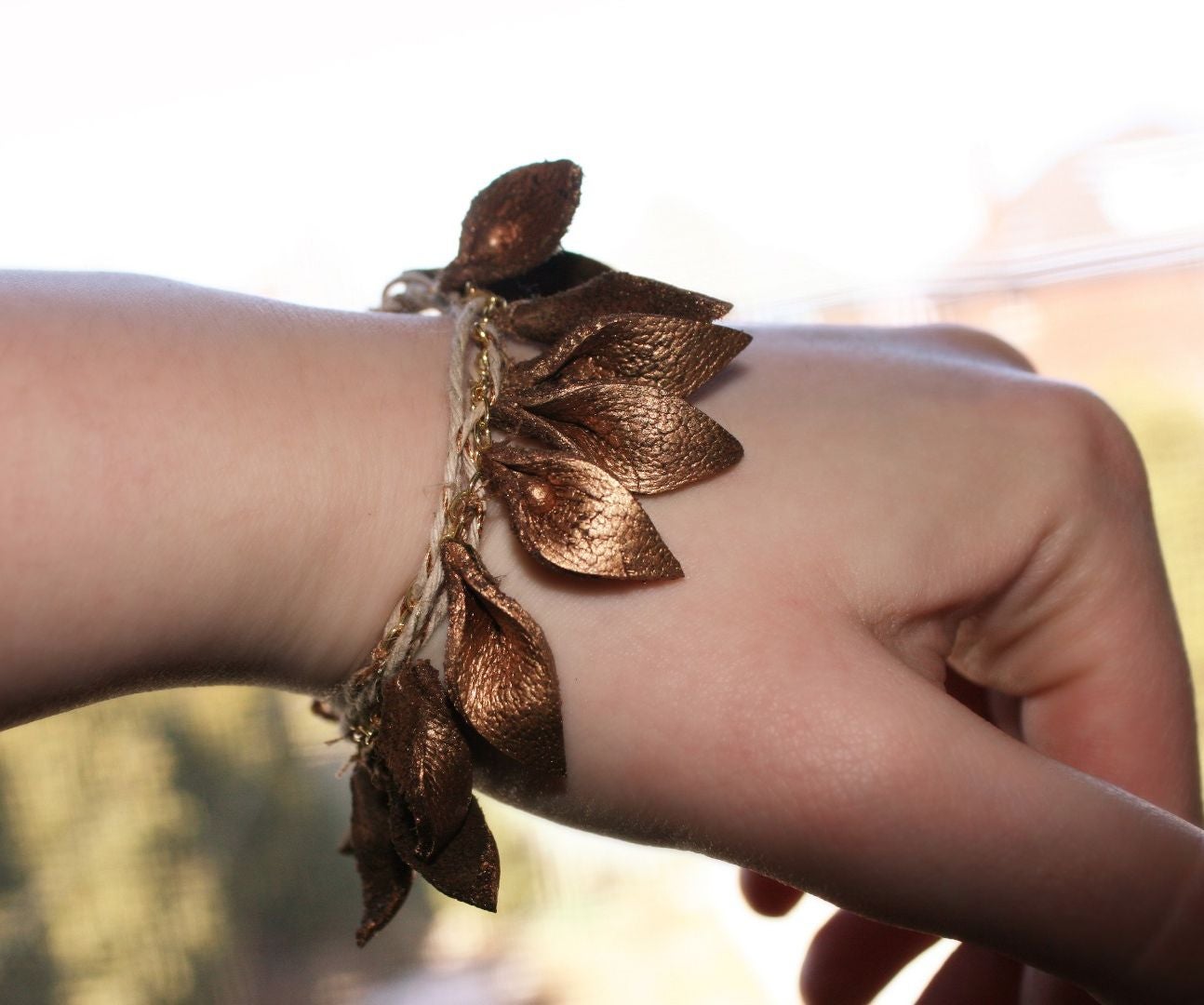 Gold Leather Leaf Bracelet