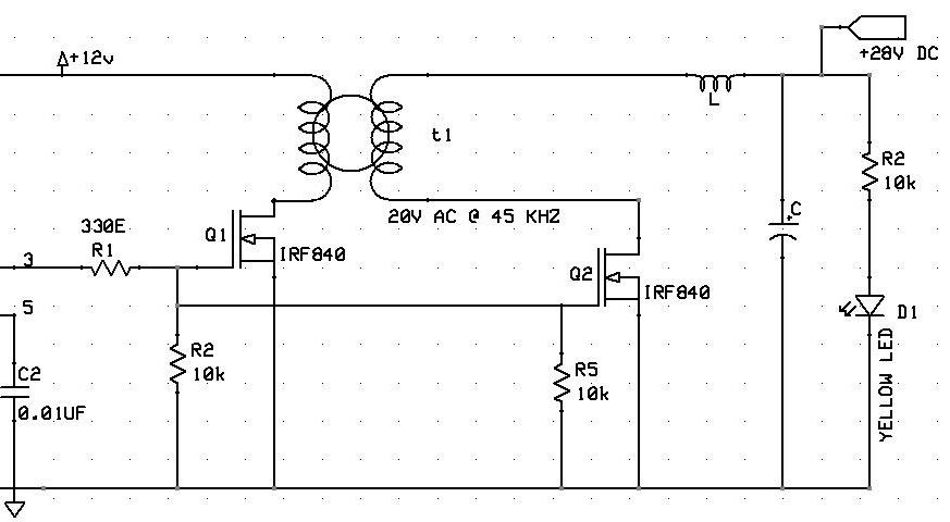 12V DC to 28V DC Converter. DC-DC Converter. Mosfets Used for Switching Transformer Primary and Secondary. No Schottky Diode Used.