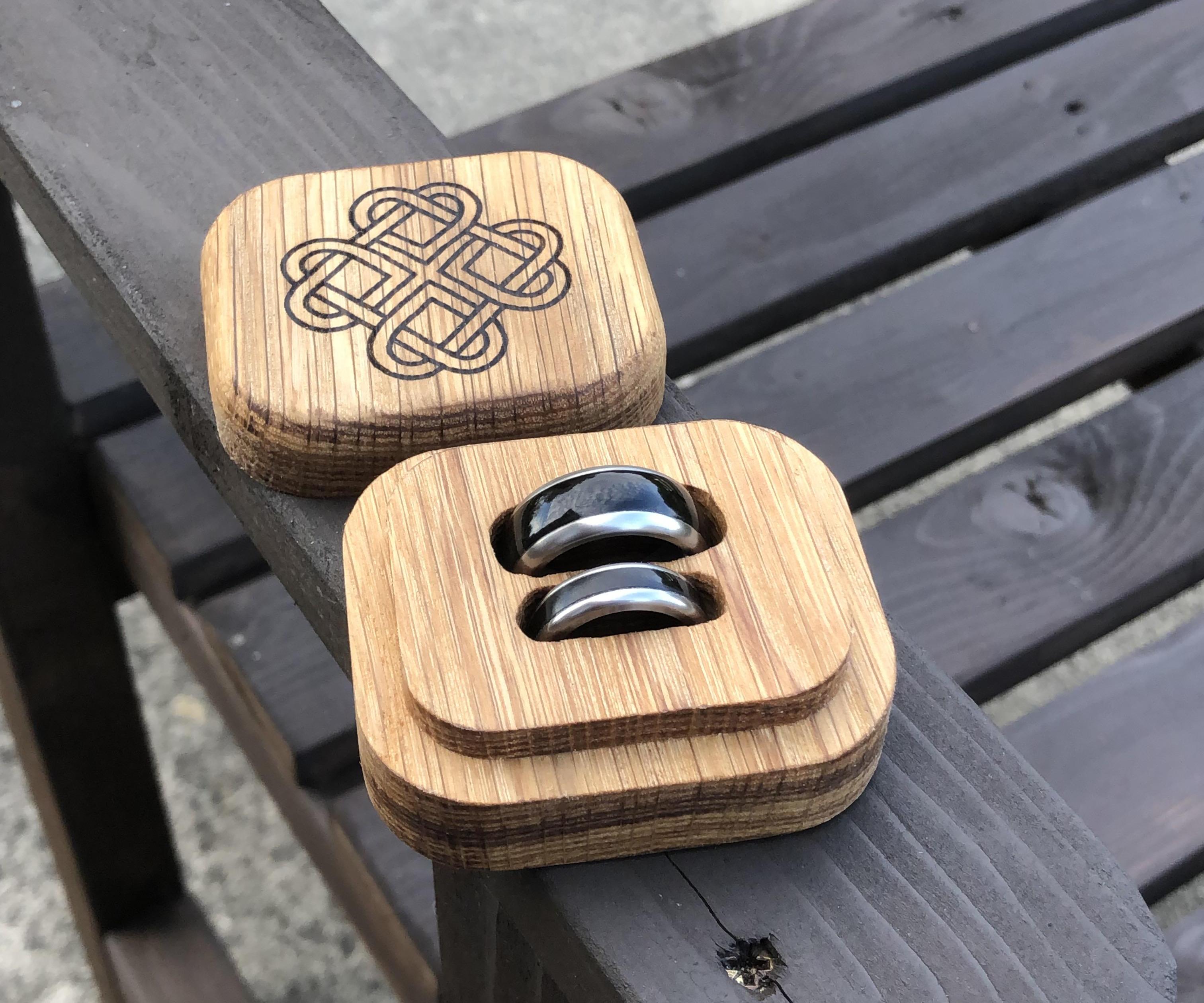 His and Her's Ebony/Titanium Wedding Rings With Laser Engraved Oak Presentation Box