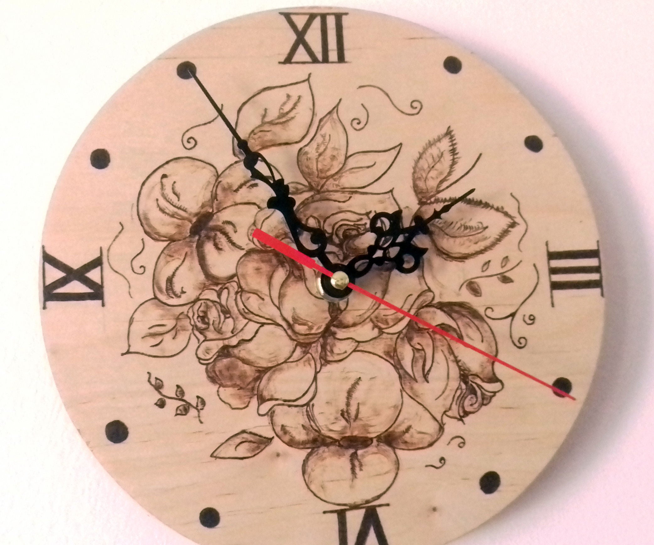 Pyrographed Vintage Rose Clock  