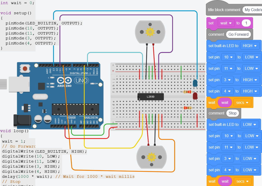 Arduino With Dual Motor Tank Coded in TinkerCad Codeblocks and L293D Driver Chip