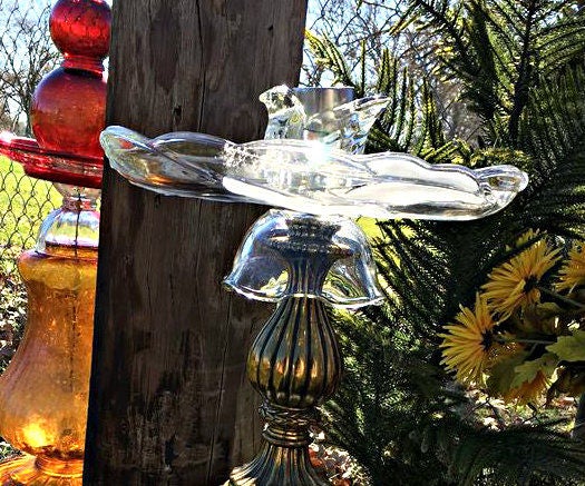 Vintage Lamp and Glass Bird Bath