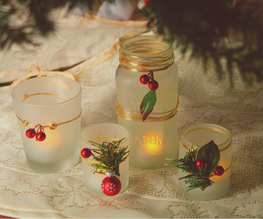 DIY Upcycled Holiday Glass Jar Candle Display