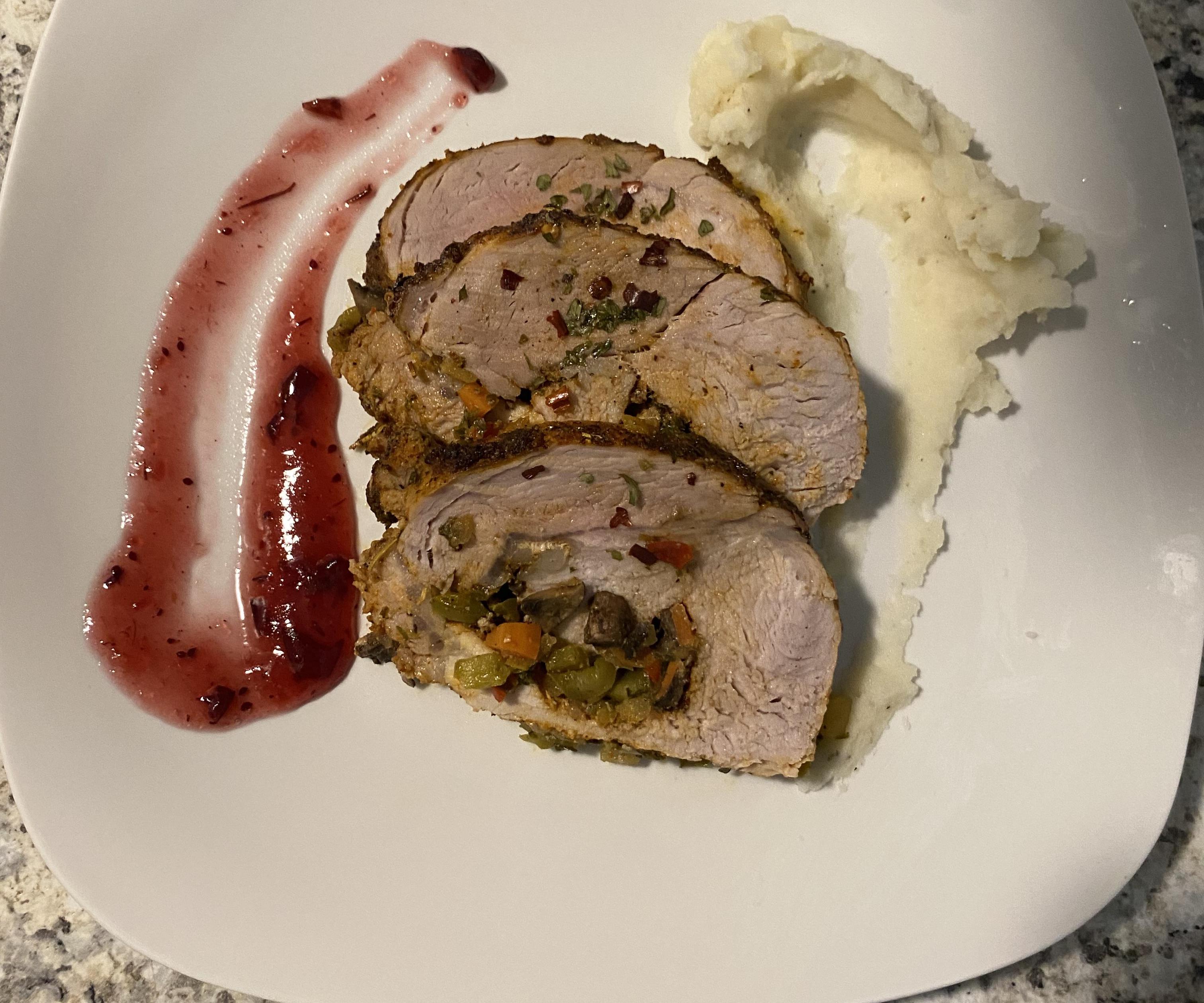 Oven Braised Pork Loin With Pomme Puree and a Cranberry Sauce