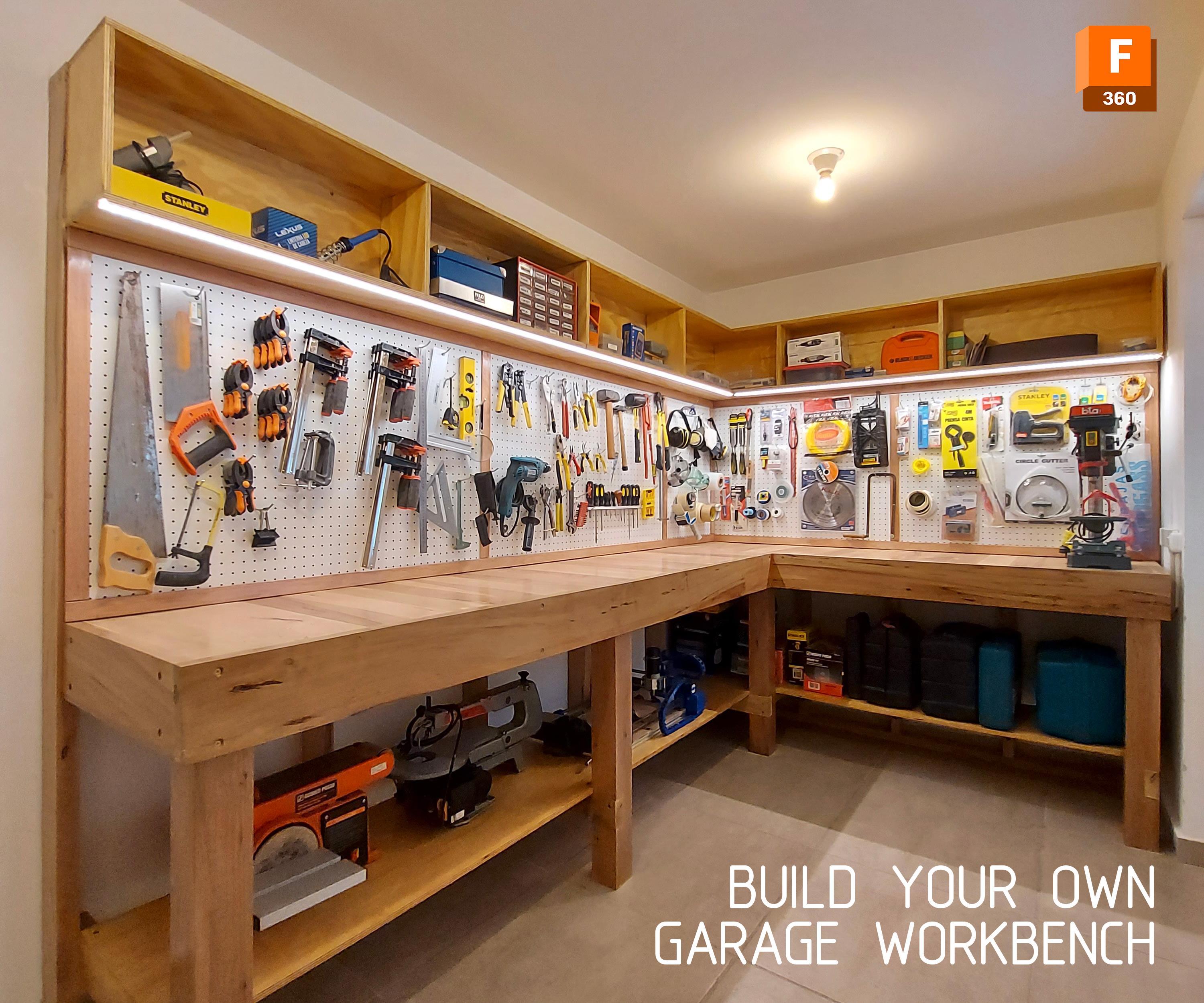 Sturdy Garage Workbench With Top Pegboard, Cabinet and Bottom Shelf