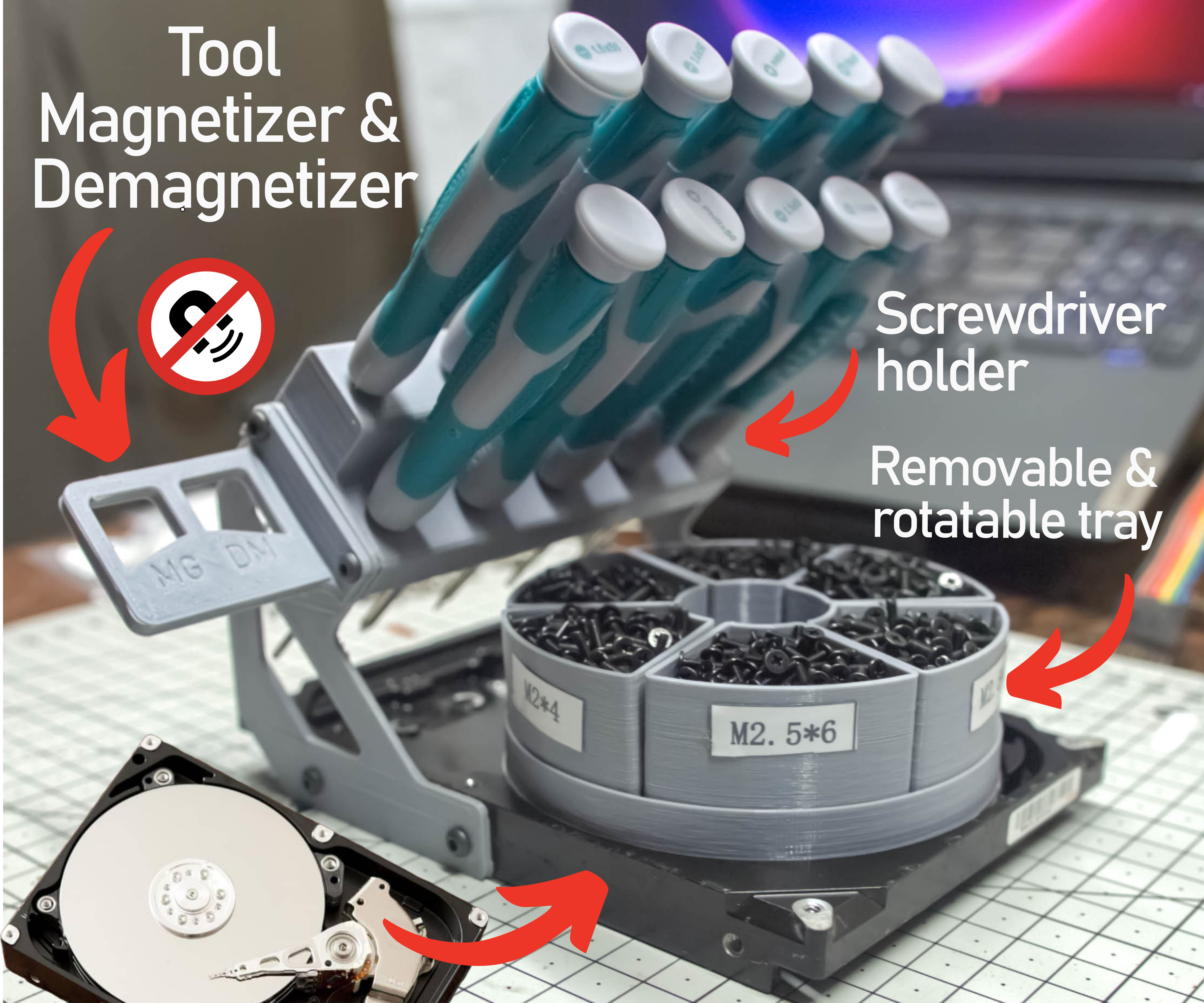 3 in 1 Precision Screwdriver Organizer With Old Hard Disk Drive