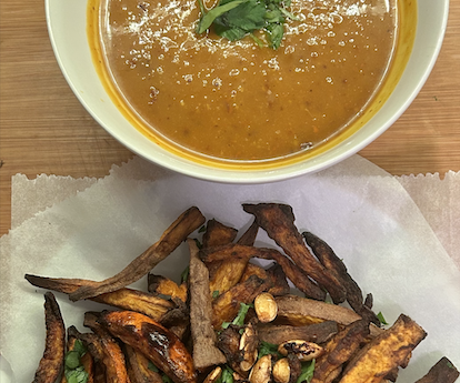 Vegan Pumpkin Soup With Pumpkin Sweet Potato Fries.