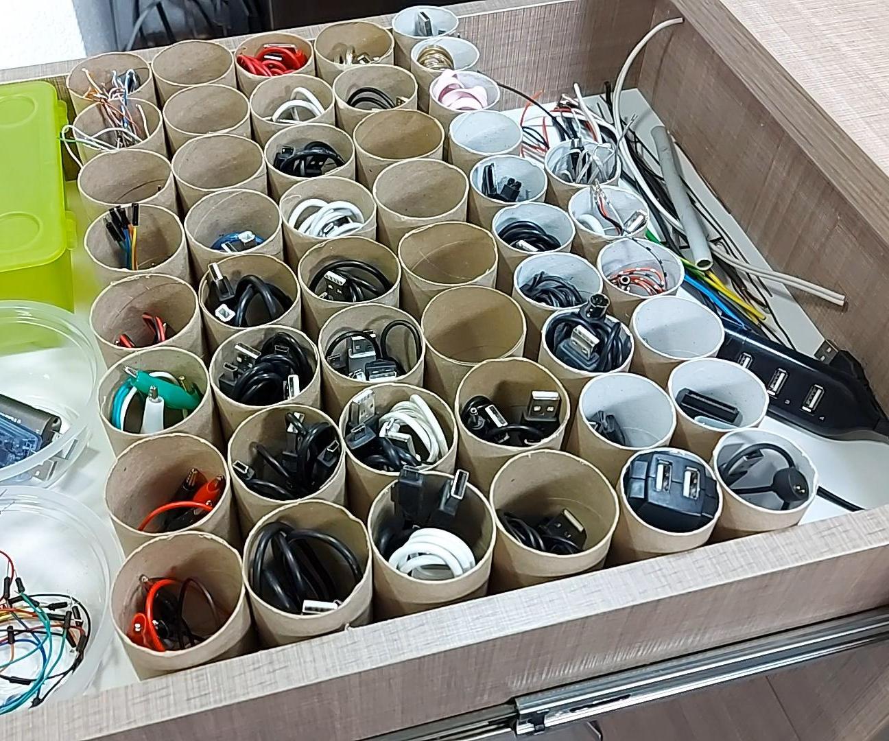 Super Simple DIY Cable Organizer System for Drawers From Toilet Rolls