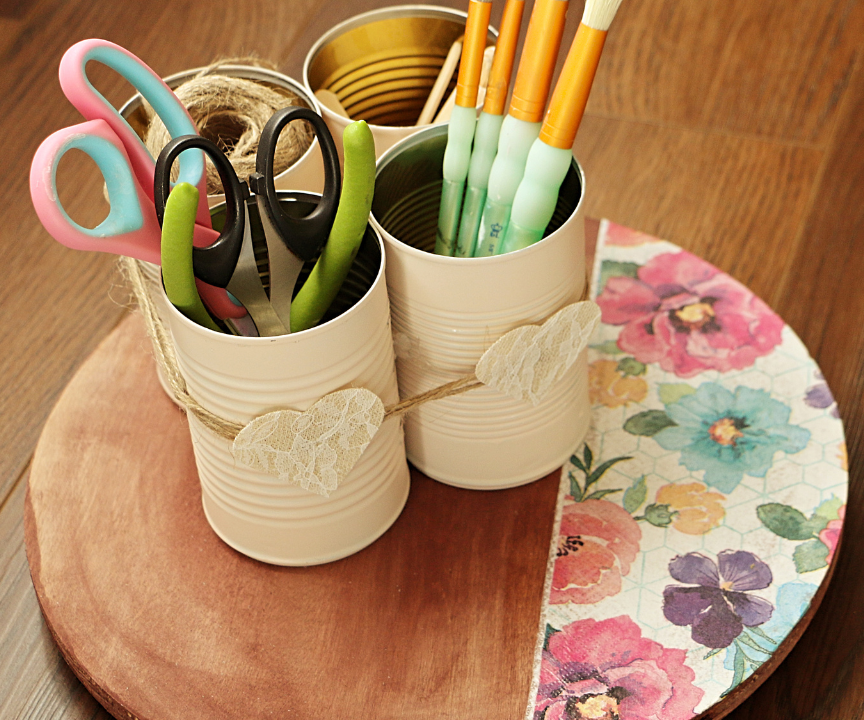 DIY CUTE TABLETOP ORGANIZER USING METAL CANS