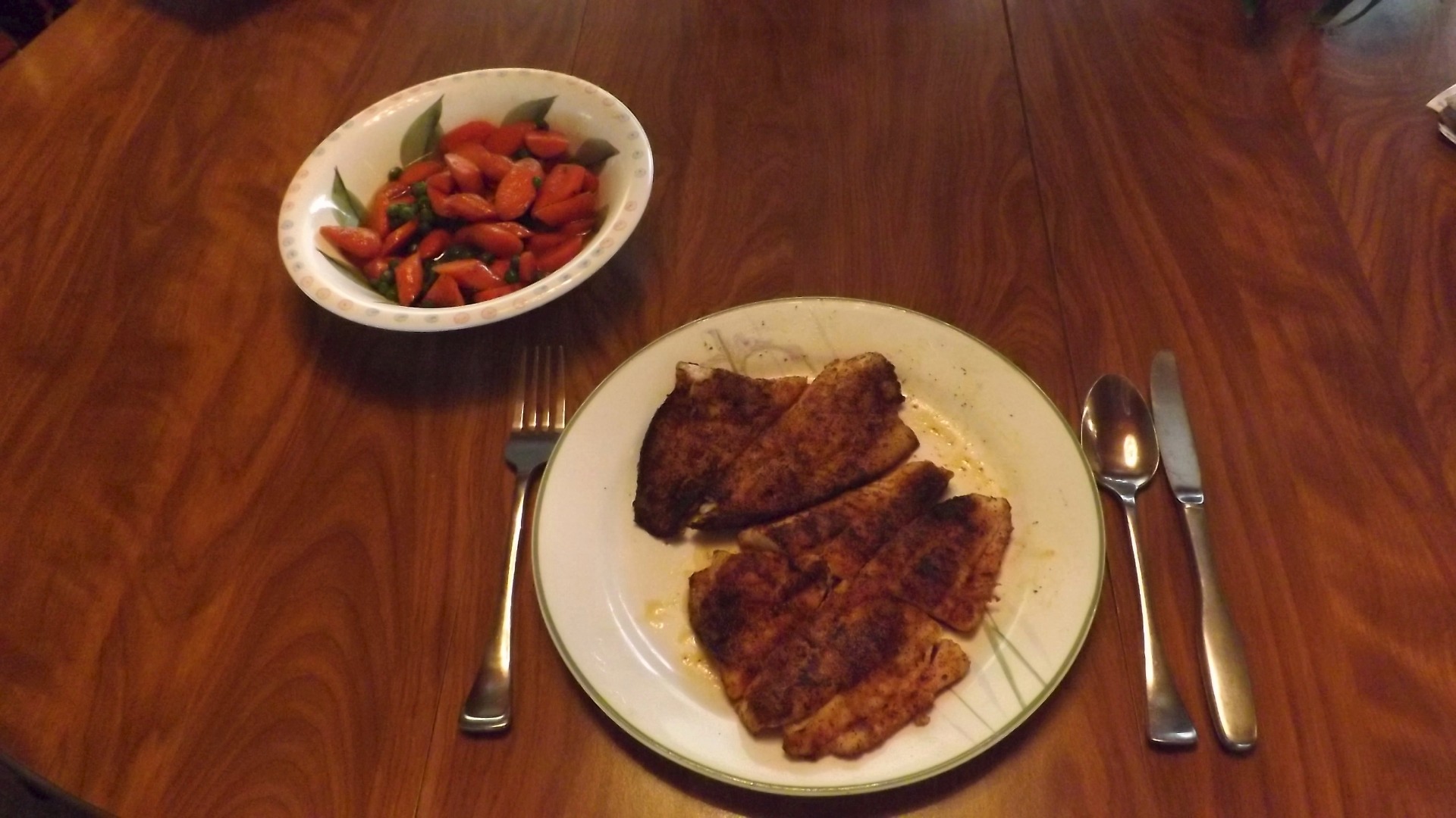 BLACKENED FLOUNDER WITH RUM GLAZED CARROTS &amp; PEAS.JPG