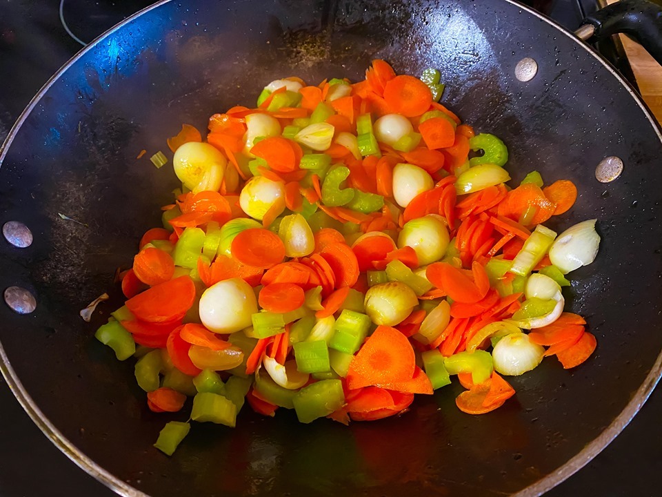 Beefless carrots, celery &amp; onions in pan.jpg