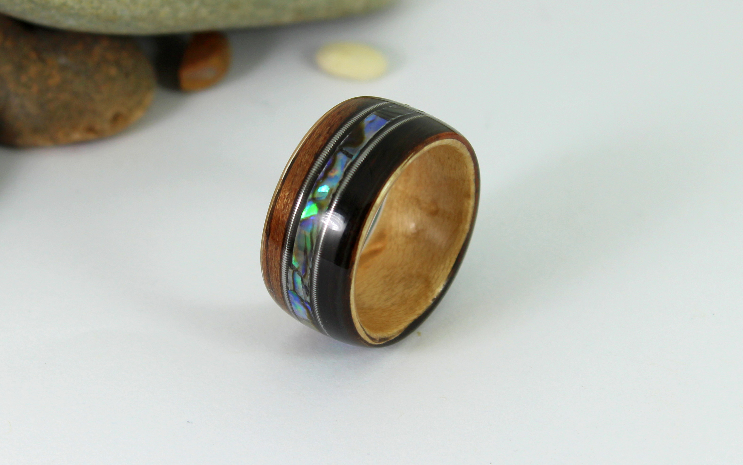 Bent Wood Ring With Guitar Strings And Abalone.JPG