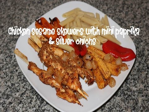 Chicken sesame skewers with mini paprika &amp;amp; silver onions recipe