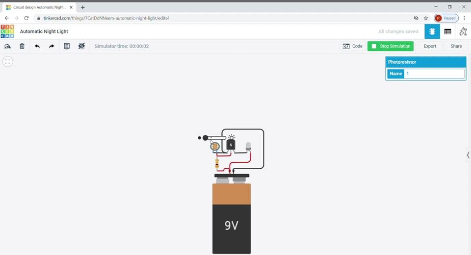 Circuit design Automatic Night Light Tinkercad