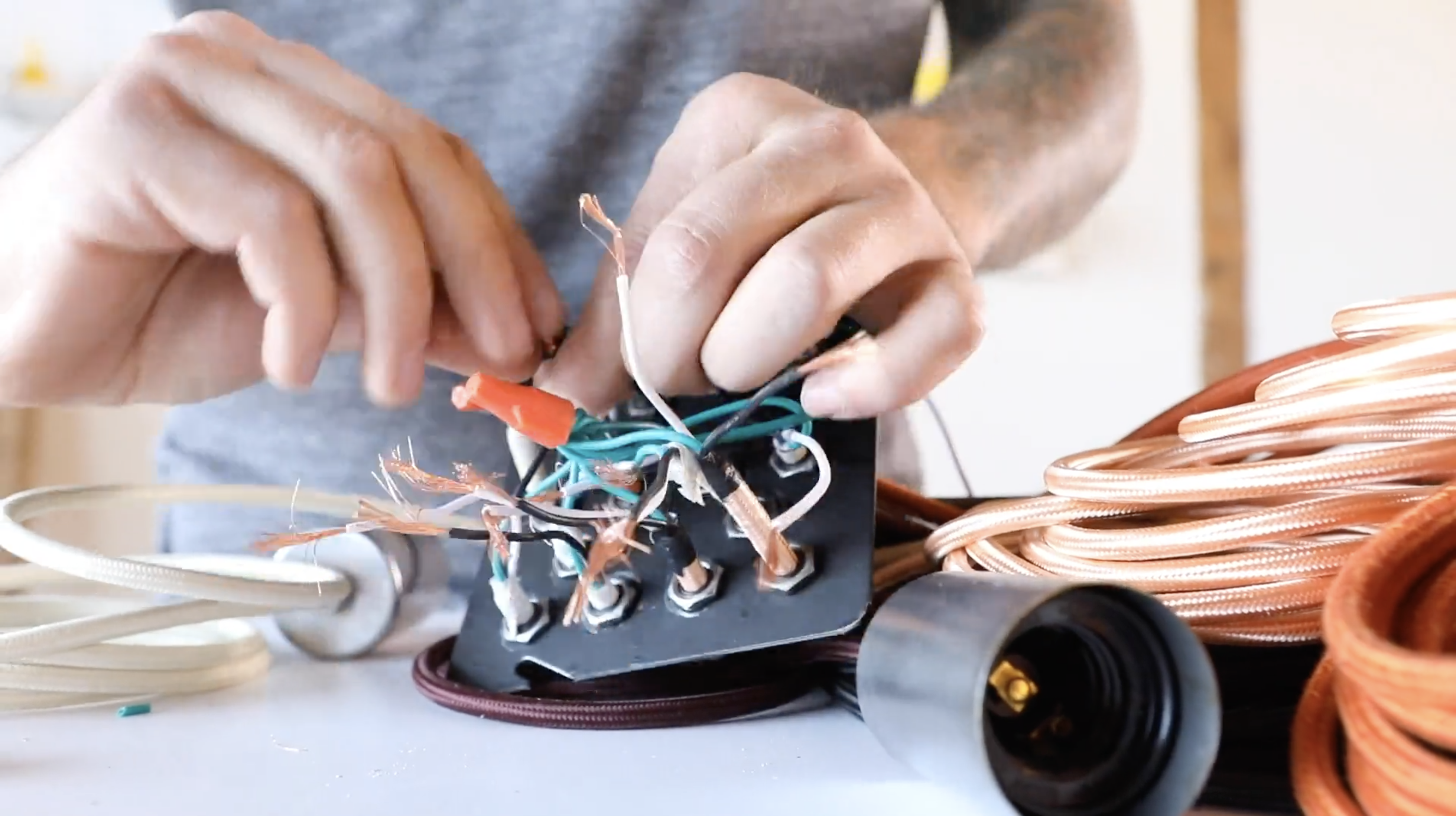 Connecting Wires to Junction Box Plate - Adding Wire Nuts - DIY Wooden Beam Light Fixture - Color Cord Company.png