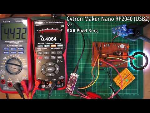 Cytron Maker Nano RP2040 powering test with LEDs, MQ-3 gas sensor and servo using laptop USB2 port