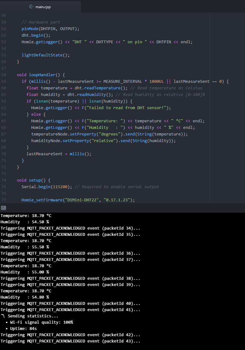 D1 Mini - DHT22 Console output and code snippet.png