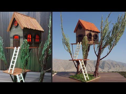 DIY |How to Make Miniature House on a Tree|Making a small Wooden Lamination Sheet House with Light