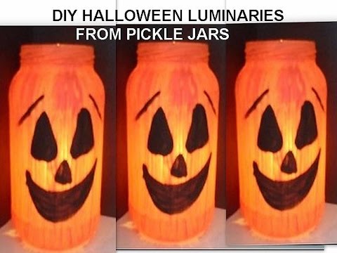 DIY PICKLE JAR HALLOWEEN JACK-O-LANTERNS, recycle, reuse, pumpkin, ghost, frankenstein, ghouls