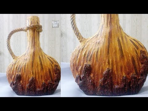 DIY cardboard bottle || vase (wooden style) || cement vase