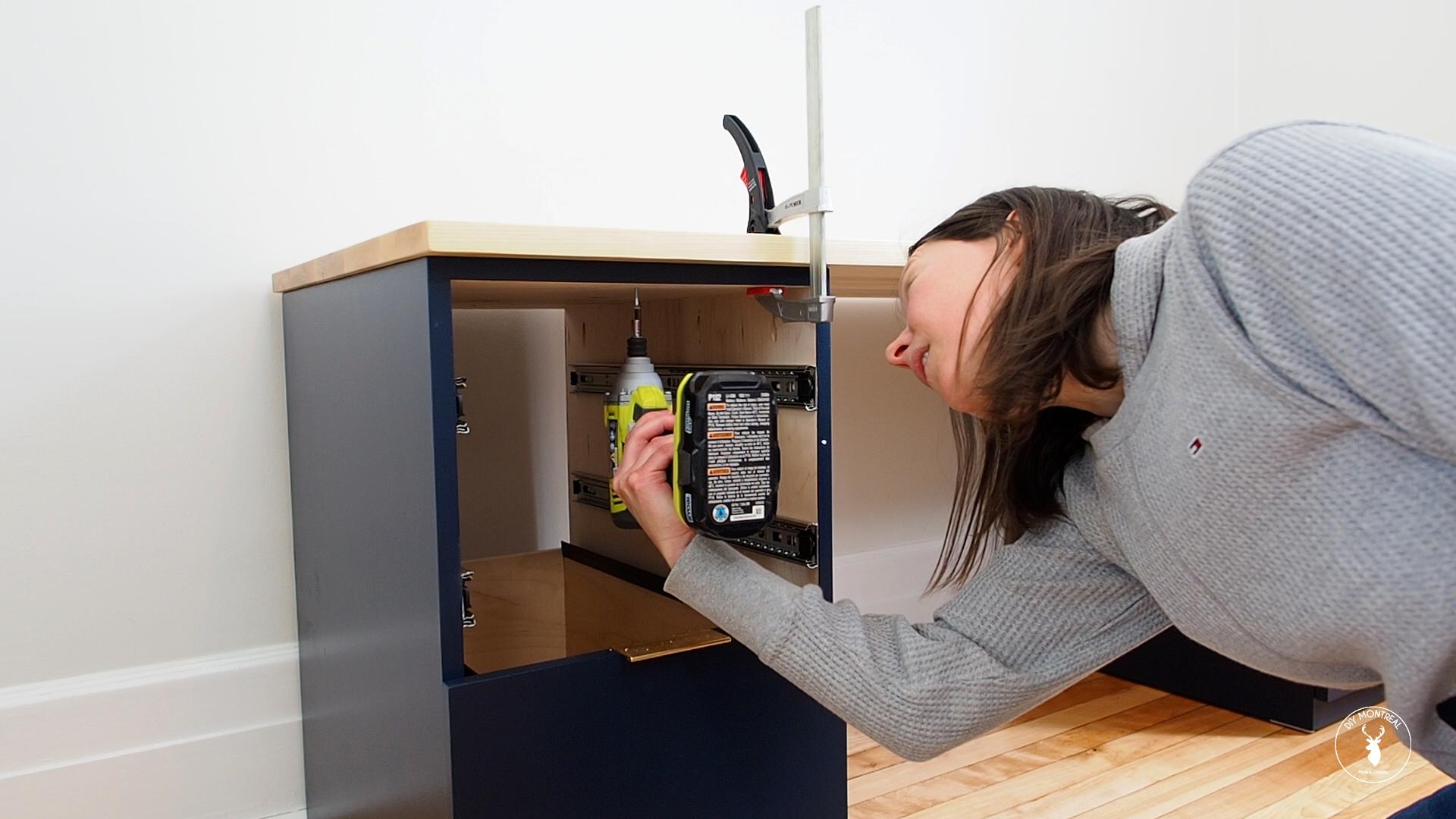 DIY desk top - attach cabinets to desk top from underneath.jpg