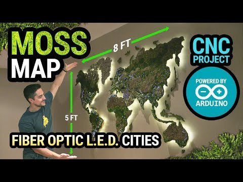 Floating CNC World Moss Map with Fiber Optic LED Cities