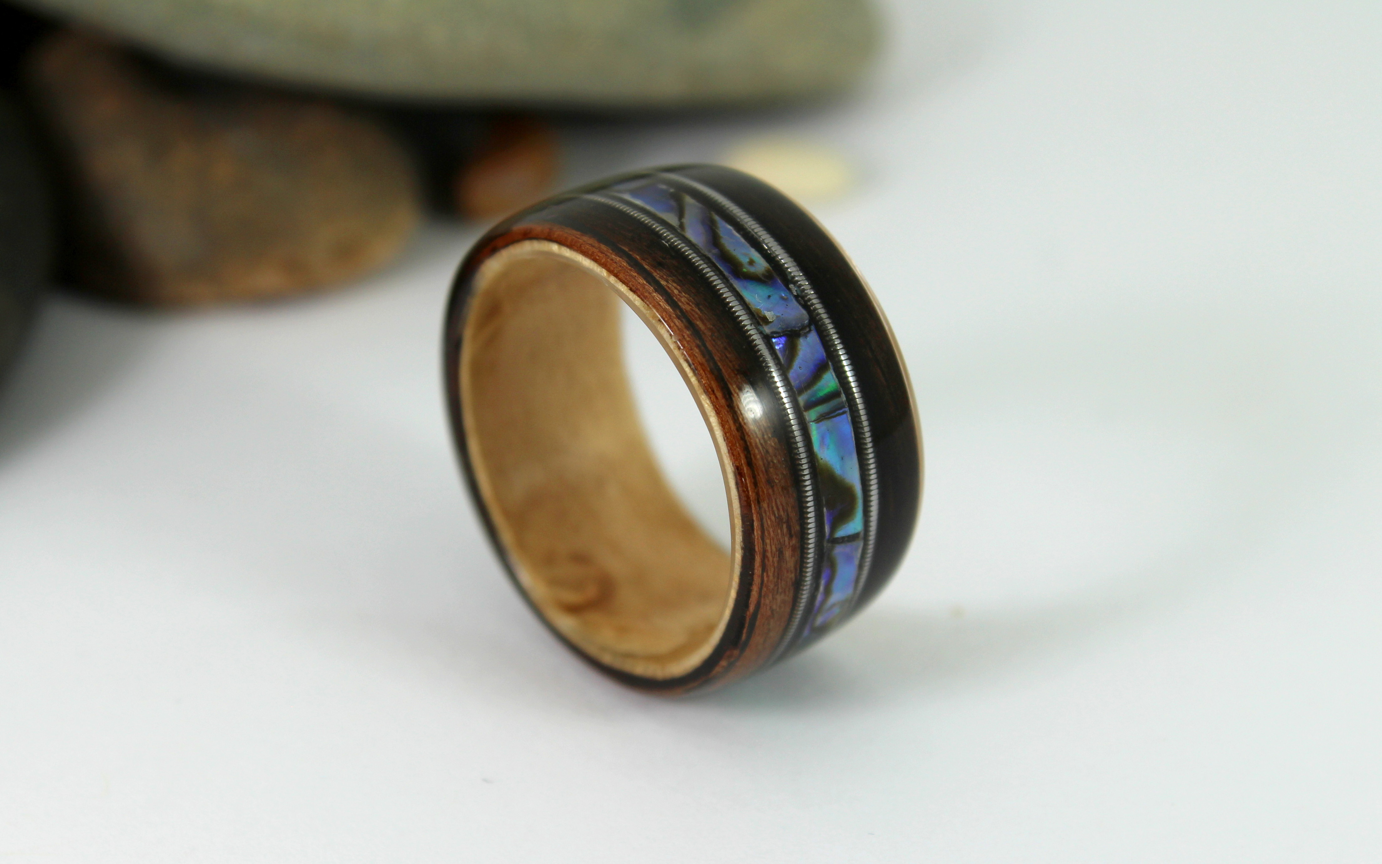 Guitar Strings, Ebony and Abalone Bent wood ring.JPG