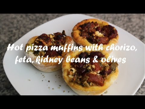 Hot pizza muffins with chorizo, feta, kidney beans &amp;amp; olives recipe