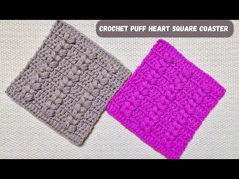 How To Crochet Puff Heart Square Coaster