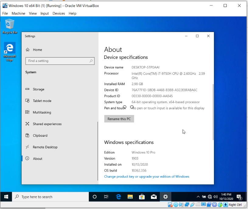 How To Install Windows 10 On Oracle VM VirtualBox - About This PC.PNG