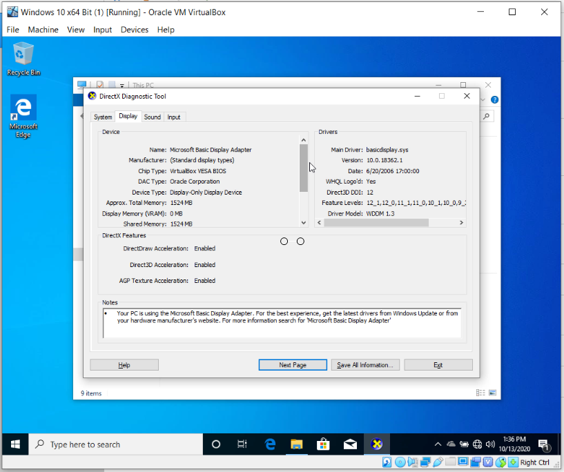 How To Install Windows 10 On Oracle VM VirtualBox - DxDiag Display.PNG