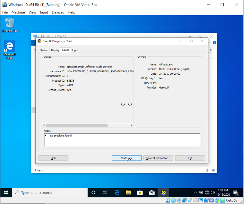 How To Install Windows 10 On Oracle VM VirtualBox - DxDiag Sound.PNG