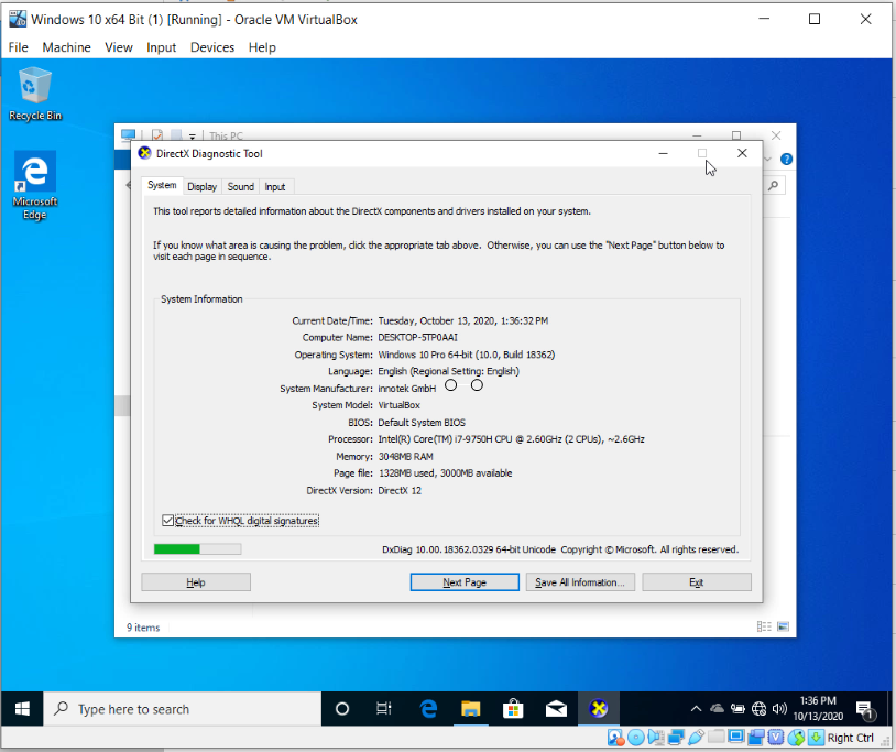 How To Install Windows 10 On Oracle VM VirtualBox - DxDiag.PNG