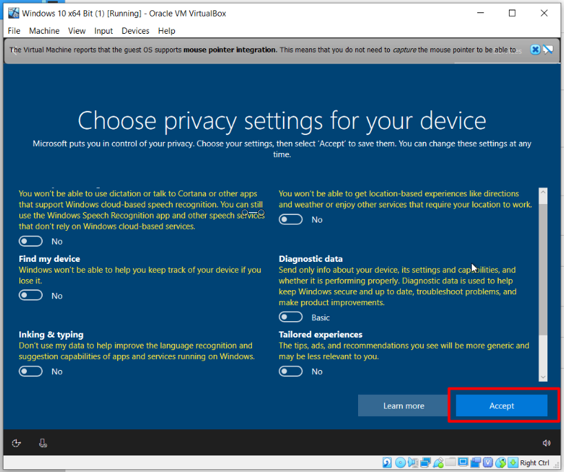 How To Install Windows 10 On Oracle VM VirtualBox - Privacy Settings.PNG